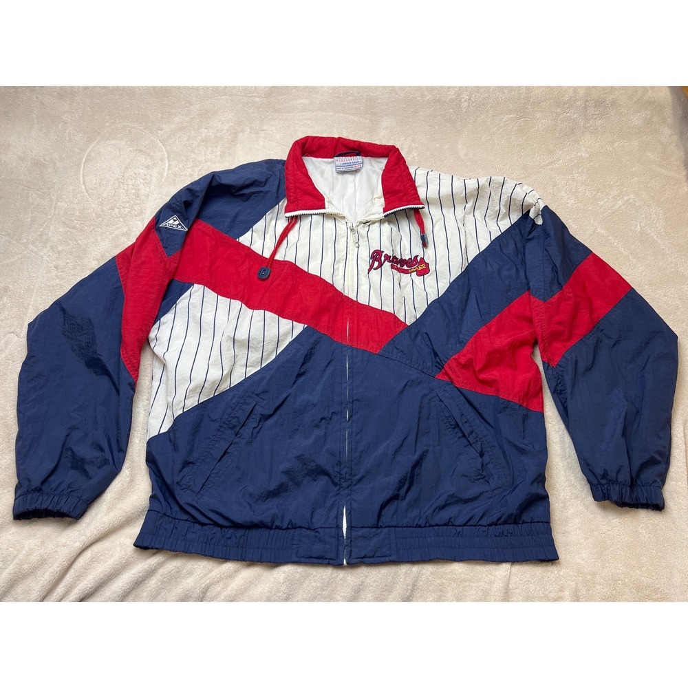 Rare Atlanta Braves Apex One Windbreaker Jacket Mens XL Blue 1990s Pinstripe Vtg
